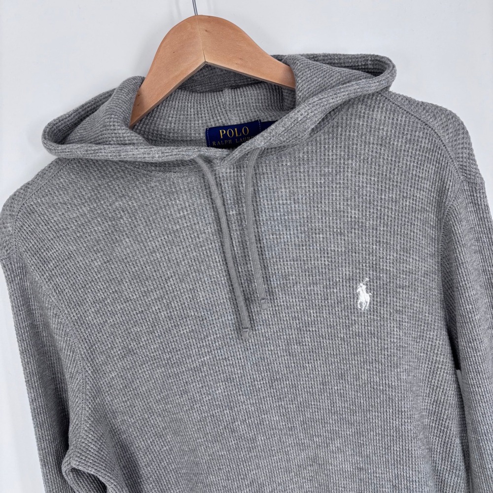 Polo Ralph Lauren Waffle Knit Thermal Hoodie Mens Medium Gray Pony Logo Pullover